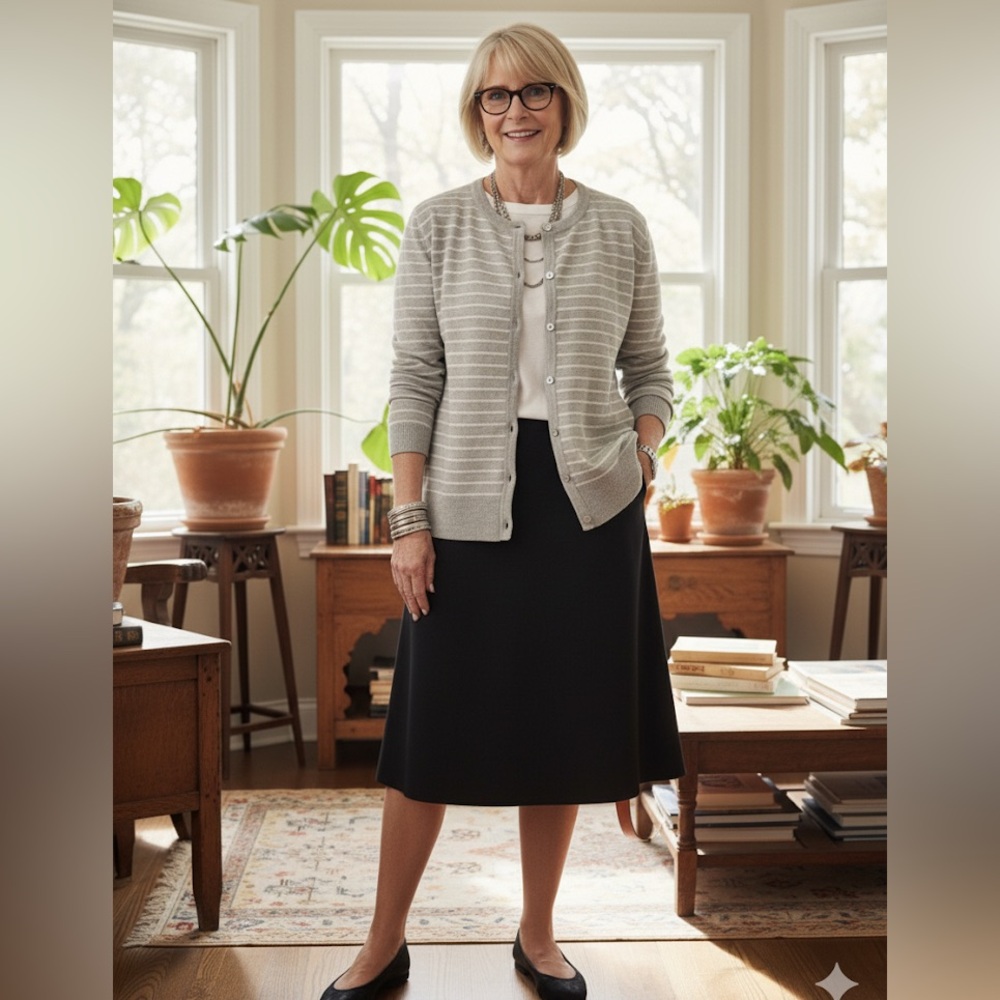 Jones New York Gray/White Striped Cardigan Sweater